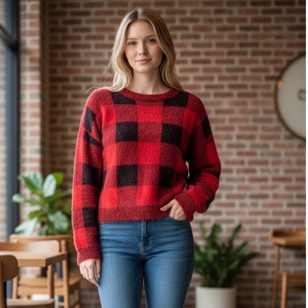 Harper Heritage Red Black Buffalo Plaid Fuzzy Eyelash Knit Sweater Small